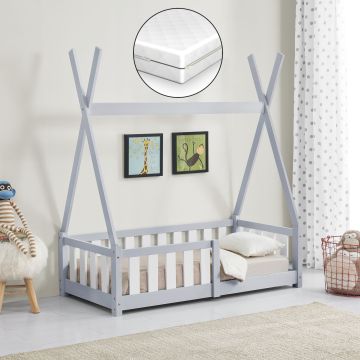 Cama infantil Helsingborg con reja de seguridad y colchón - Diseño Tipi - pino 140x70 cm - Gris claro [en.casa]