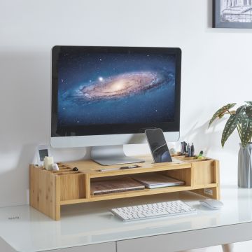 Soporte para monitor de ordenador Hartola con estante y ranuras bambú 65 x 28 x 15 cm - Natural [en.casa]