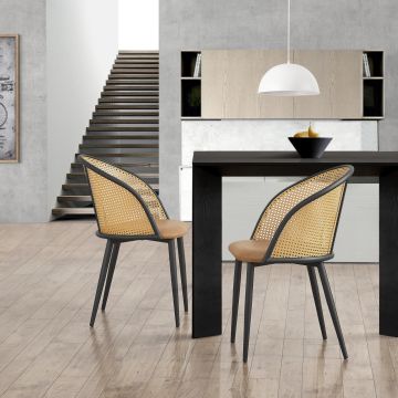 Set de 2 sillas de comedor Gagnef polipiel / metal / ratán 82 x 56 x 55 cm - Marrón y negro [en.casa]