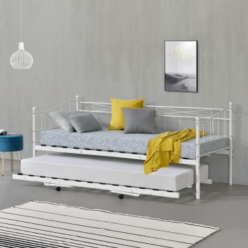 Cama con cama supletoria Skutskär con 4 Ruedas Metal  90 x 200 cm / cama - Blanco mate [en.casa]