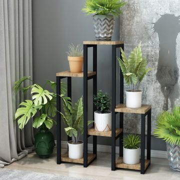Soporte para plantas Rosenholm con 6 estantes metal/aglomerado 79 x 56 x 20 cm madera/negro [en.casa]