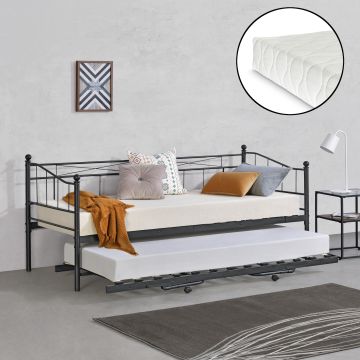 Cama con cama supletoria Skutskär con colchón Metal  90 x 200 cm / cama - Negro mate [en.casa]