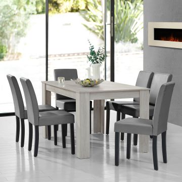 Mesa de comedor + Set de 6 sillas Forssa MDF y polipiel140cm x 90cm x 77cm - Roble blanco + Gris claro [en.casa] 