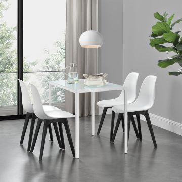 Juego de comedor Mesa + 4x sillas minimalista vidrio + plástico - 105 x 60 x 75 cm - Blanca y Negro [en.casa]