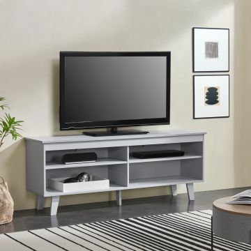 Mueble de salón TV Stenløse con 4 estantes y 2 salidas de cables aglomerado 58 x 150 x 38 cm - Gris claro [en.casa]