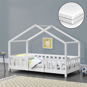 Cama para niños Treviolo forma de casa pino con colchón 80x160 cm blanco mate [en.casa][neu.haus]
