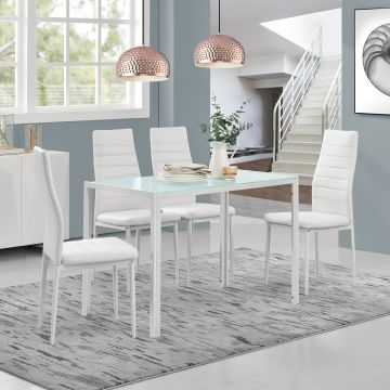 Set de comedor mesa + 4 sillas Bergen vidrio y polipiel 105 x 60 x 75 cm - Blanco [en.casa] 