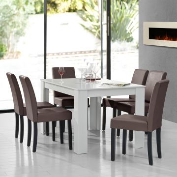 Mesa de comedor + Set de 6 sillas de polipiel Forssa 140cm x 90cm x 77cm - Blanco + Marrón [en.casa] 