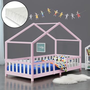 Cama para niños Treviolo forma de casa pino con colchón 90x200 cm - Rosa Blanco [en.casa][neu.haus]