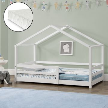Cama para niños Knätten - Casita - con colchón, reja y somier - pino 90 x 200 cm - Blanco mate [en.casa]