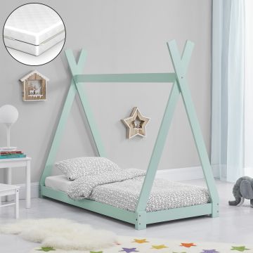 Cama infantil Onejda con colchón de espuma fría- diseño Tipi - pino 70 x140 cm - Verde menta [en.casa]