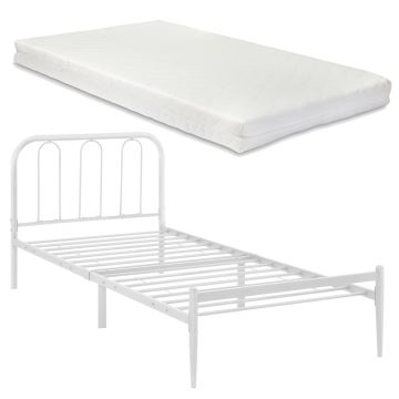 Cama Simple Hanko con somier y colchón de espuma fría metal 90 x 200 cm - Blanco Mate [en.casa]