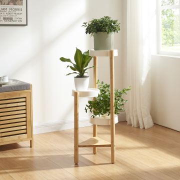 Soporte para plantas Sastamala de 4 niveles bambú y plástico 78 x 35 x 35 cm - Natural y Blanco [en.casa] 