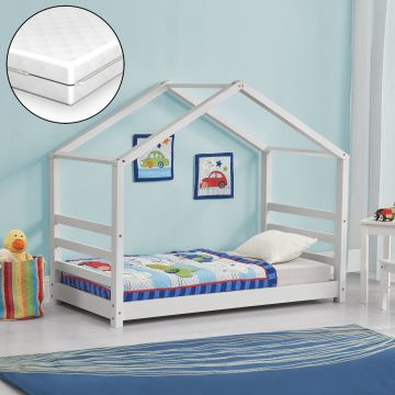 Cama para niños con colchón Vardø - Forma de casa - pino y Oeko-Tex 100 - 80 x 160 cm - Blanco [en.casa]