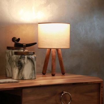 Lámpara de mesa Preston 1xE27 20 W madera /tela 15 x Ø 18 cm color arena / efecto madera [lux.pro]