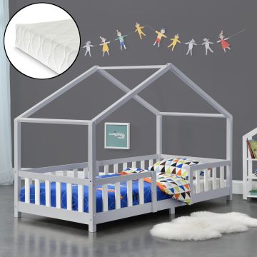 Cama para niños Treviolo forma de casa pino con colchón 90x200 cm - Gris Claro Blanco [en.casa][neu.haus]