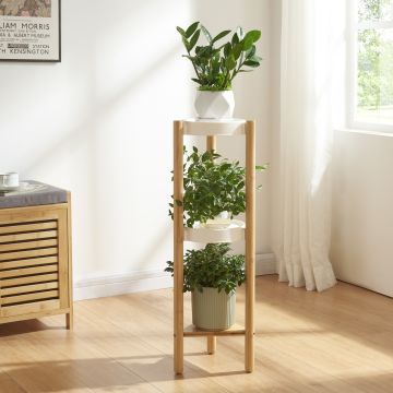 Soporte para plantas Sastamala de 3 niveles bambú y plástico 78 x 25 x 25 cm - Natural y Blanco [en.casa] 