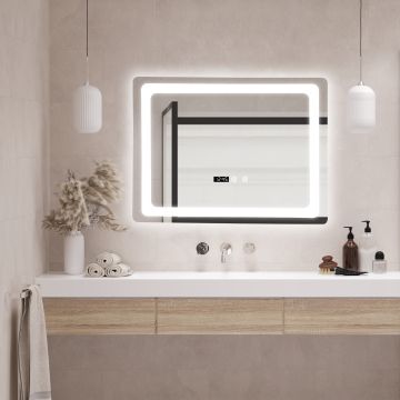 Espejo de pared con LED Casoli para baño antivaho reloj aluminio + cristal 50 x 70 x 3,5 cm - Plateado [pro.tec] 