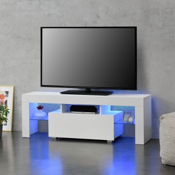 Mesa de tele con LED - Grimsey  - 130 x 35 x 45 cm - Aglomerado -  Blanco [en.casa]