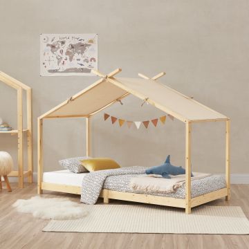Cama para niños Brome en forma de casa con techo desmontable madera pino 90 x 200 cm - Natural y Beige [en.casa]