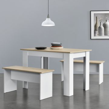 Conjunto de mesa de comedor + 2 Bancos Hokksund tablero de partículas blanco y roble [en.casa] 