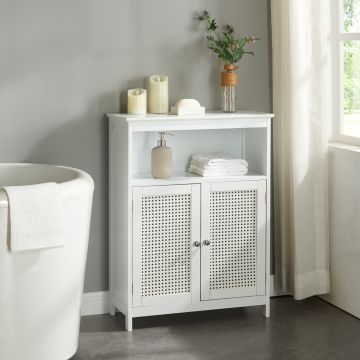Mueble de baño Karlsøy con 2 puertas MDF ratán 80x60x28cm - Blanco [en.casa]