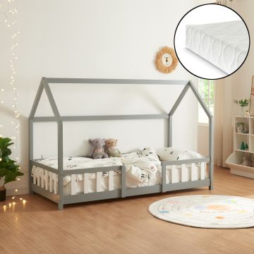 Cama para niños Sisimiut forma de casa pino con colchón 90x200 cm gris claro blanco mate [en.casa][neu.haus]