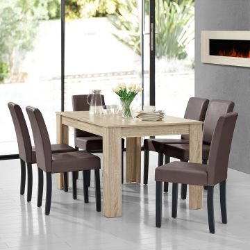 Mesa de comedor + Set de 6 sillas Forssa MDF y polipiel140cm x 90cm x 77cm - Roble claro + Marrón [en.casa] 