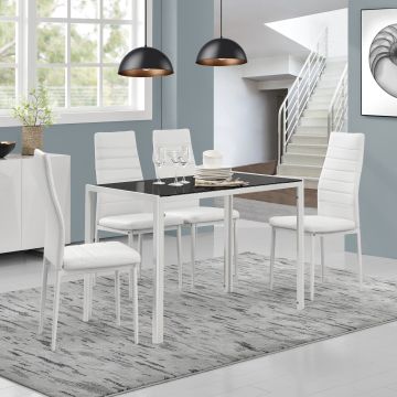 Set de comedor mesa + 4 sillas Bergen vidrio y polipiel 105 x 60 x 75 cm - Negro y Blanco [en.casa] 